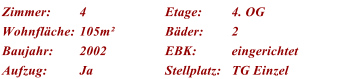 Zimmer: 4 Etage: 4. OG Wohnflche: 105m Bder: 2 Baujahr: 2002 EBK: eingerichtet Aufzug: Ja Stellplatz: TG Einzel