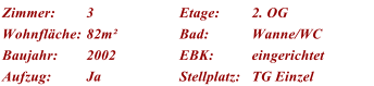 Zimmer: 3 Etage: 2. OG Wohnflche: 82m Bad: Wanne/WC Baujahr: 2002 EBK: eingerichtet Aufzug: Ja Stellplatz: TG Einzel