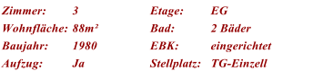 Zimmer: 3 Etage: EG Wohnflche: 88m Bad: 2 Bder Baujahr: 1980 EBK: eingerichtet Aufzug: Ja Stellplatz: TG-Einzell