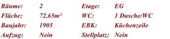 Rume: 2 Etage: EG Flche: 72,65m WC: 1 Dusche/WC Baujahr: 1905 EBK: Kchenzeile Aufzug: Nein Stellplatz: Nein
