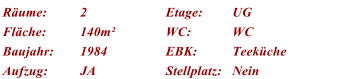 Rume: 2 Etage: UG Flche: 140m WC: WC Baujahr: 1984 EBK: Teekche Aufzug: JA Stellplatz: Nein