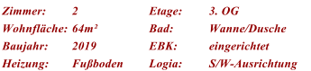 Zimmer: 2 Etage: 3. OG Wohnflche: 64m Bad: Wanne/Dusche Baujahr: 2019 EBK: eingerichtet Heizung: Fuboden Logia: S/W-Ausrichtung