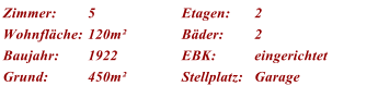 Zimmer: 5 Etagen: 2 Wohnflche: 120m Bder: 2 Baujahr: 1922 EBK: eingerichtet Grund: 450m Stellplatz: Garage