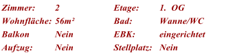 Zimmer: 2 Etage: 1.  OG Wohnflche: 56m Bad: Wanne/WC Balkon Nein EBK: eingerichtet Aufzug: Nein Stellplatz: Nein