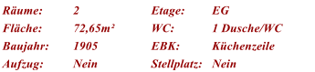 Rume: 2 Etage: EG Flche: 72,65m WC: 1 Dusche/WC Baujahr: 1905 EBK: Kchenzeile Aufzug: Nein Stellplatz: Nein