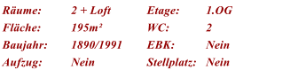 Rume: 2 + Loft Etage: 1.OG Flche: 195m WC: 2 Baujahr: 1890/1991 EBK: Nein Aufzug: Nein Stellplatz: Nein