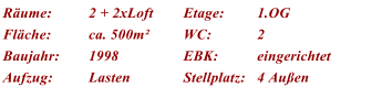 Rume: 2 + 2xLoft Etage: 1.OG Flche: ca. 500m WC: 2 Baujahr: 1998 EBK: eingerichtet Aufzug: Lasten Stellplatz: 4 Auen